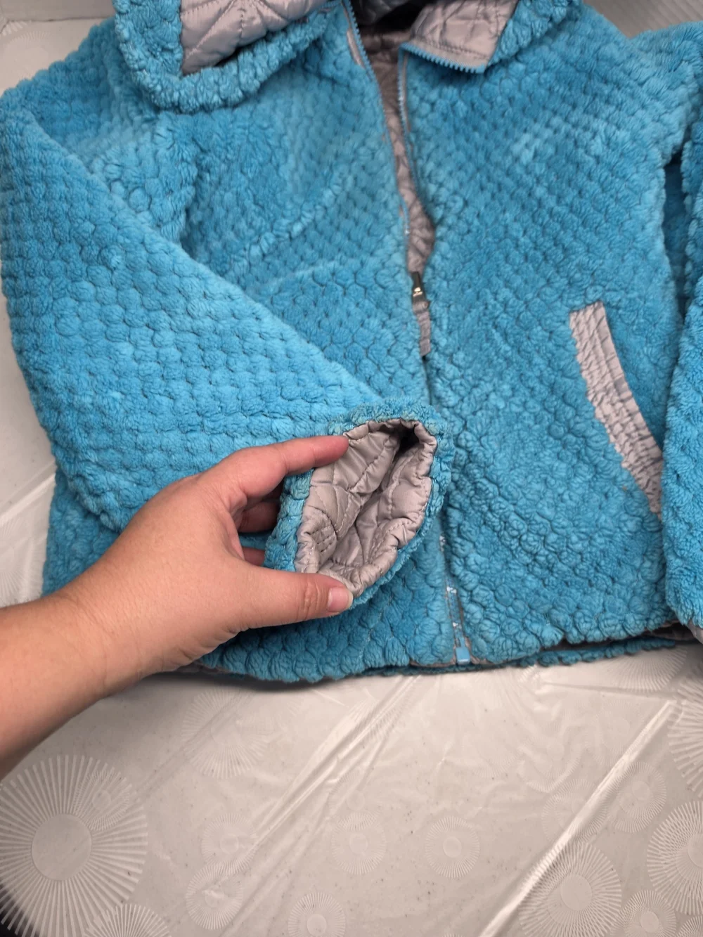 Pacific Trail Girls Light Gray Quilted Puffer with Bright Blue Sherpa Hood